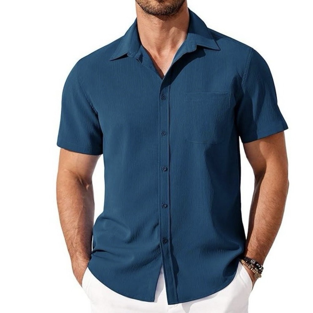 COOFANDY Shirts for Men Short Sleeve Button Down Shirt Casual Beach Deep Blue XL